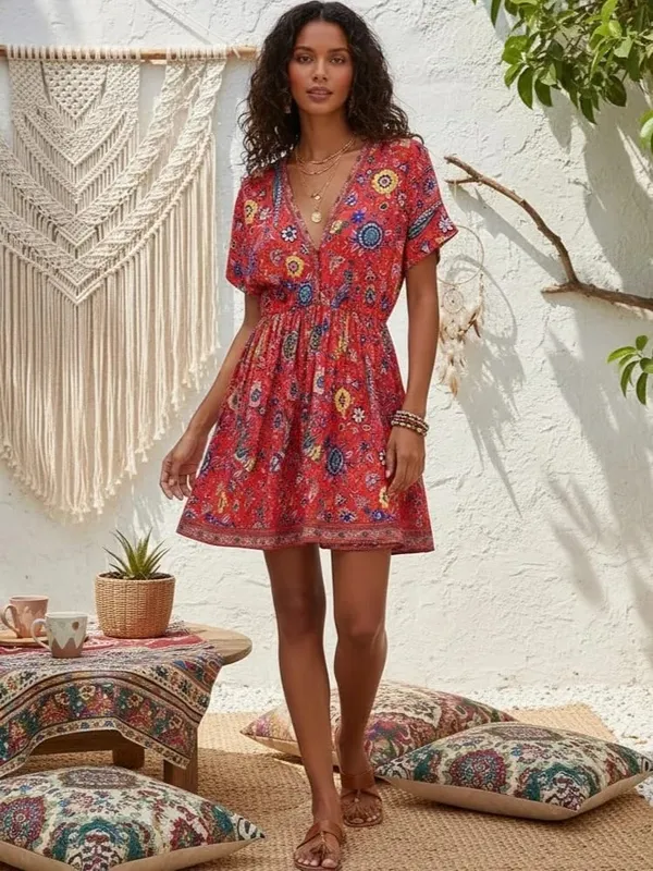 Vintage Chic mujeres Pavo Real estampado Floral profundo cuello pico bohemio Mini Vestidos señoras manga corta Happie playa Boho Vestidos