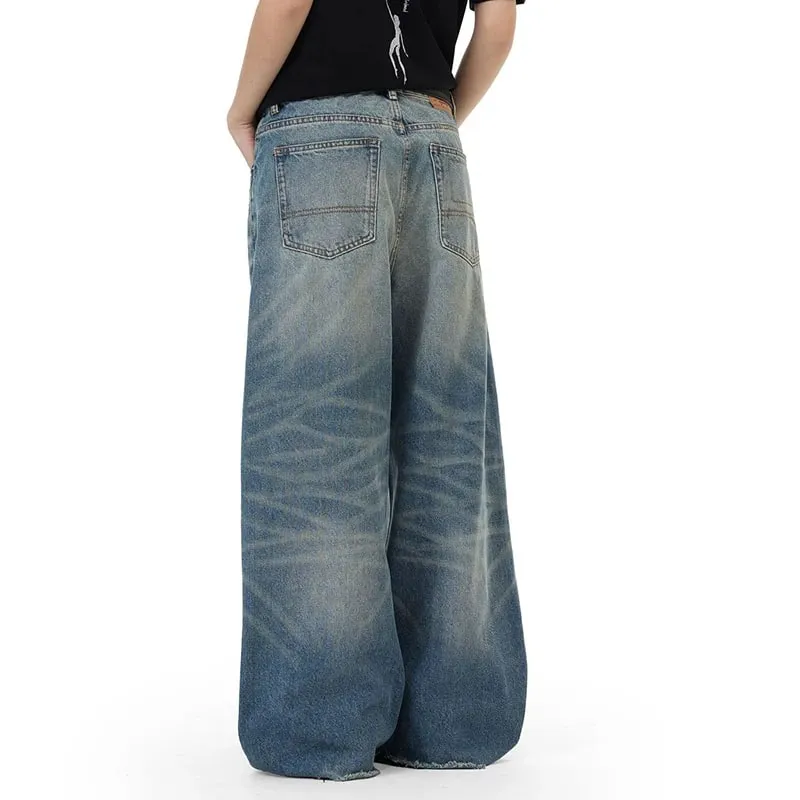 Retro Men's Washed Blue Jeans Distressed Straight Leg High Waist Loose Casual Wide Leg Denim Long Pants Fashion New 9X3258 — image 3