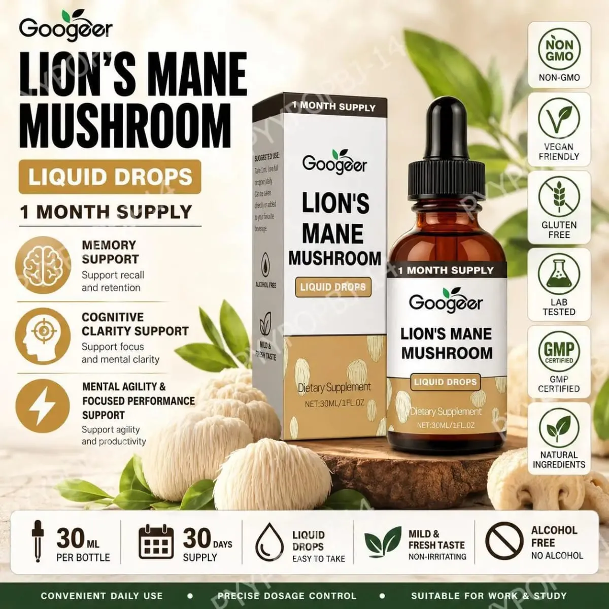 Googeer Lion's Mane Mushroom Liquid Drops Hukommelse og fokusstøtte til kognitiv klarhed Mental Agility Alkoholfri 30 ML — image 1