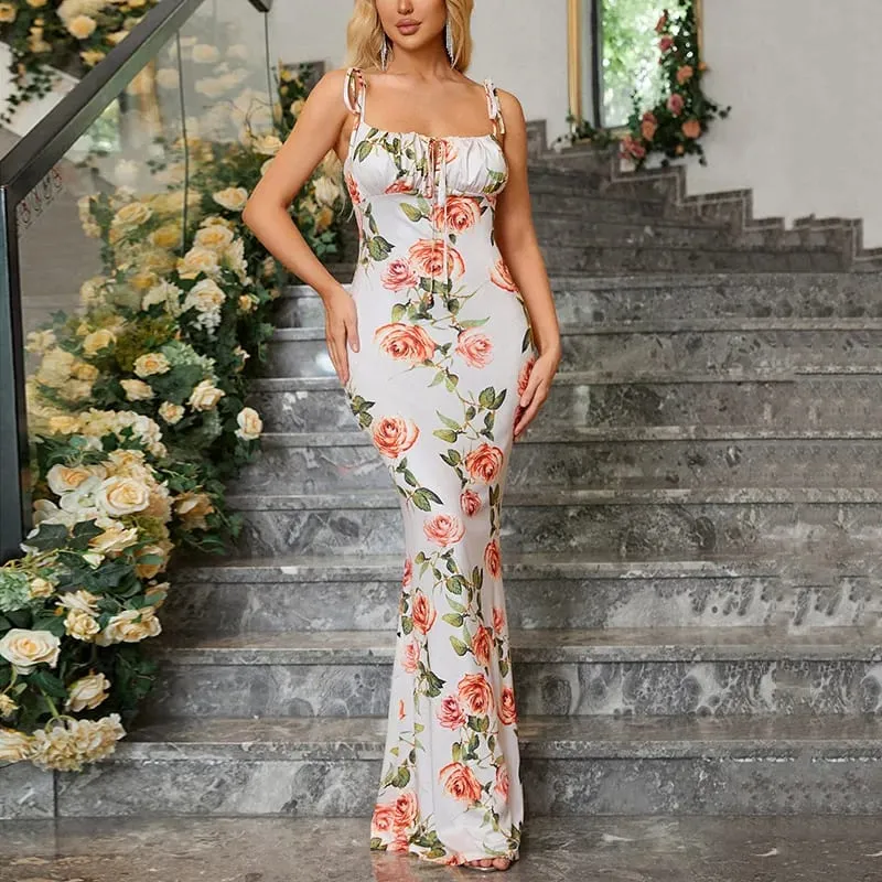 Josiaoprah Sexy V-Neck Long Maxi Dress Elegant Vintage Floral Printed Party Dress Spring Summer Holiday Style Dresses Vestido