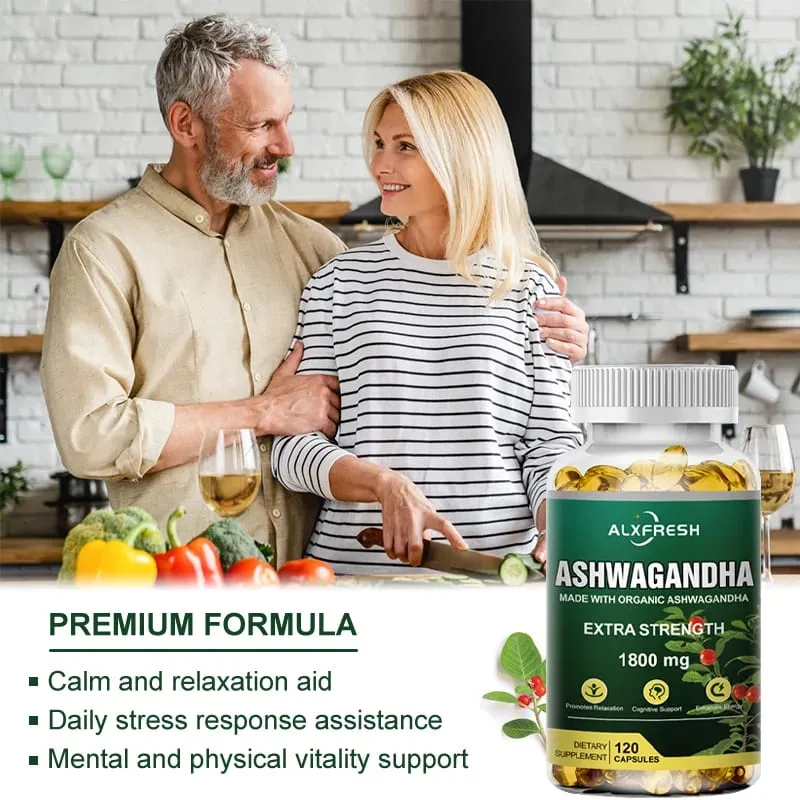 Alxfresh Pure Ashwagandha Root Extract Capsules 1800mg for Natural Mood Stress Focus Brain Energy Sleep Health Support