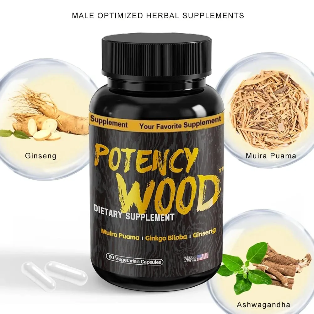 Potency Wood Vitality Boost Capsules - Energy Libido Focus Supplement - Ginseng Ashwagandha Herbal Supplements 60 Capsules