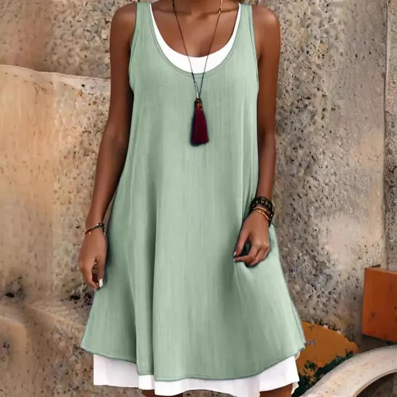Summmer Women's Solid Dress Casual Sleeveless Fake Two Piece Loose Dresses Female O Neck Office Holiday Beach Party Dress New