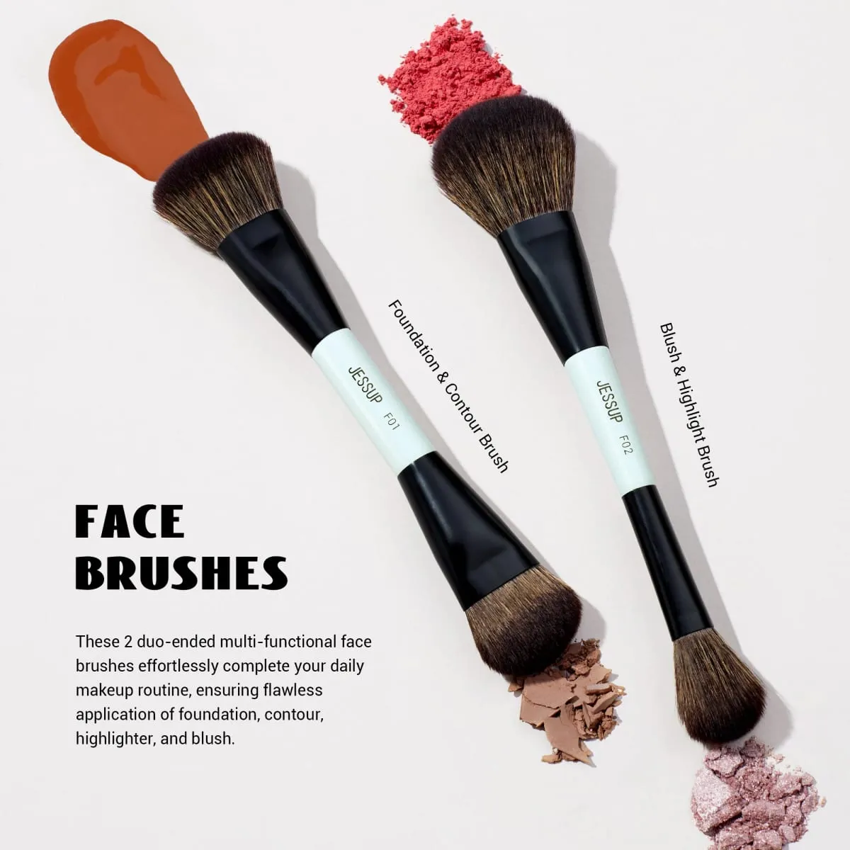 Jessup Makeup Brush Set Double Sided Makeup Brushes Foundation Contour Blush Blending Eyebrow Shadow Fiber Bright Cyan T501