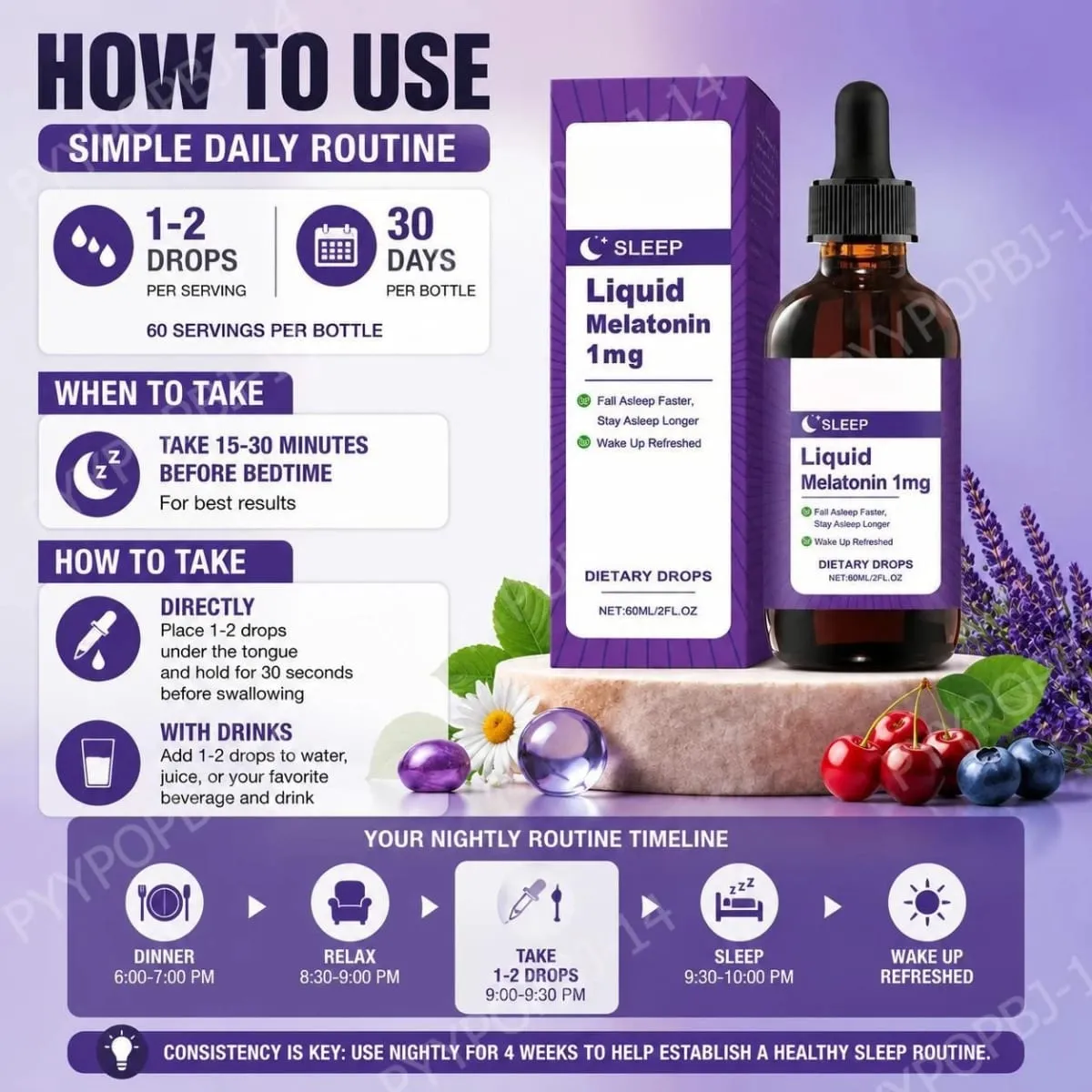 Liquid Melatonin 1 Mg Sleep Drops Mint Leaf Extract Fall Asleep Faster Stay Asleep Longer Wake Up Refreshed 60 ML