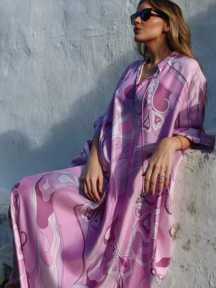 Oversized Women's Print Kaftan Maxi Dress With Pink Pattern Loose Fit Full Sleeve Long Dresses Summer Beach Vacation Outfit Robe