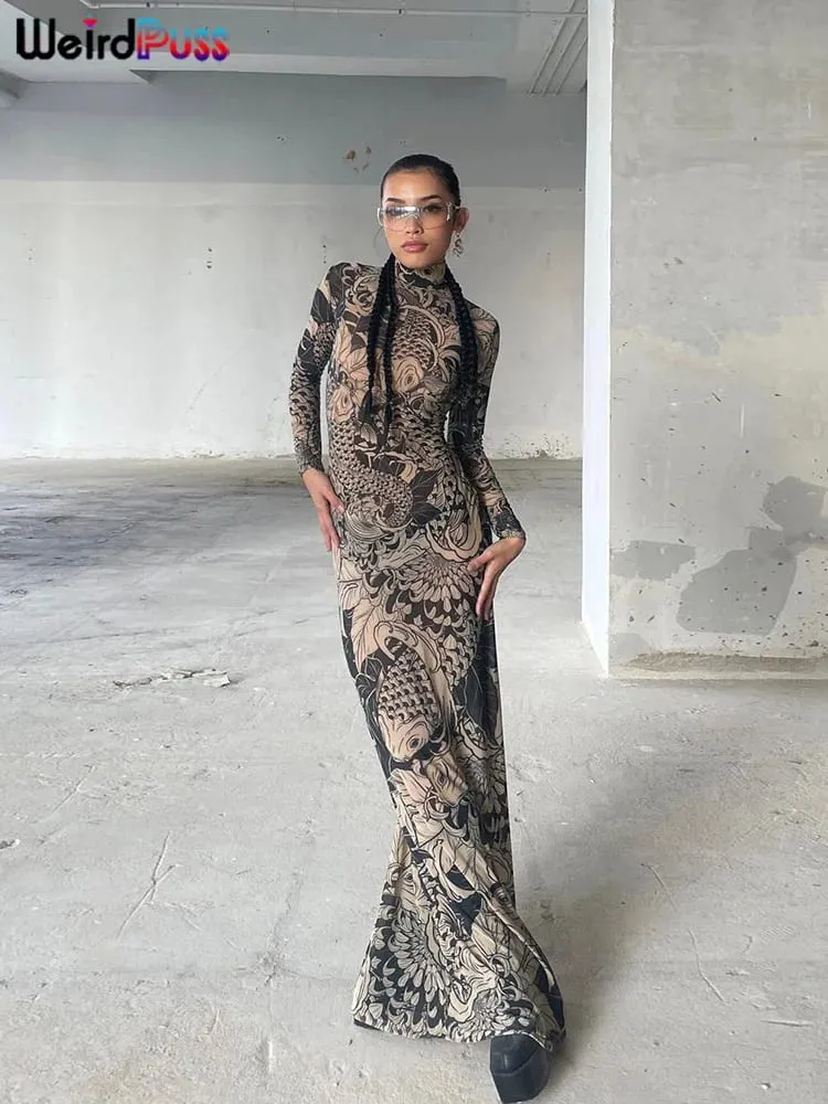 Dziwny kot siatkowy nadruk damska sukienka Maxi z golfem pełna rękaw Bodycon jesień modne biodrówki główna ulica Party Y2K strój