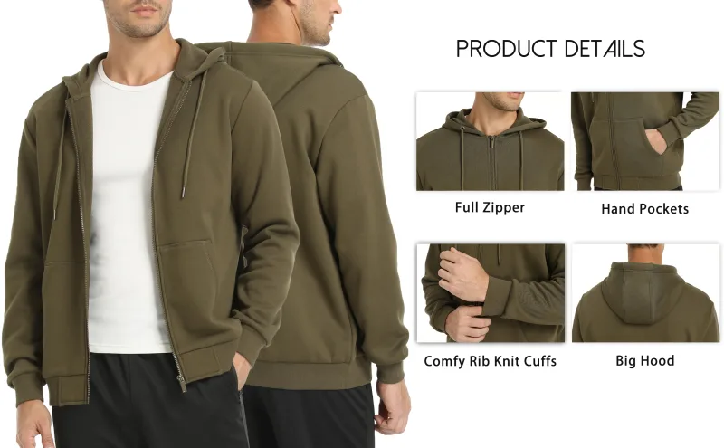 Big Pockets Fleece Lining Hoodies Mens Hooded Coats Full Zip Up Casual Hoodie Jackets Athlete Running Hiking Sportswear — image 4