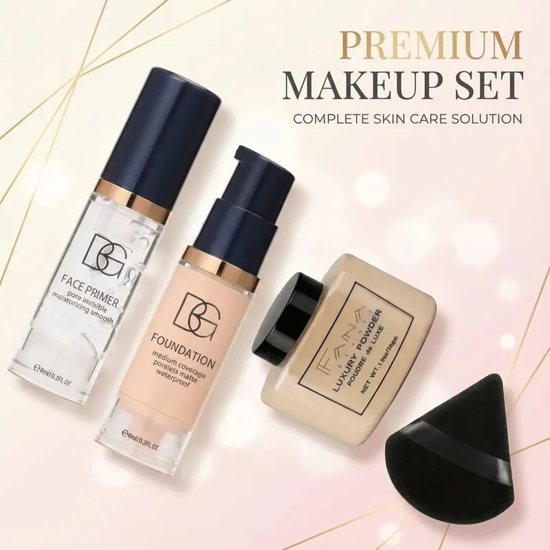 4-Pcs Set Face Makeup Bundle - Smoothing Primer Matte Foundation Setting Powder with Puff - Long-Lasting Waterproof Value Pack