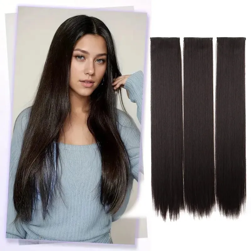 24Inch Synthetic Long Straight 3pcs/set Hair Extension Invisible Hair Thickening Hairpiece for Women Daily Use