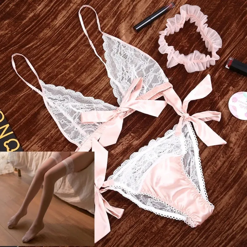 Lingerie sexy francese con volant in pizzo, reggiseno e slip senza ferretto con set di biancheria intima con giarrettiera, tentazione, set di reggiseno ultra sottile