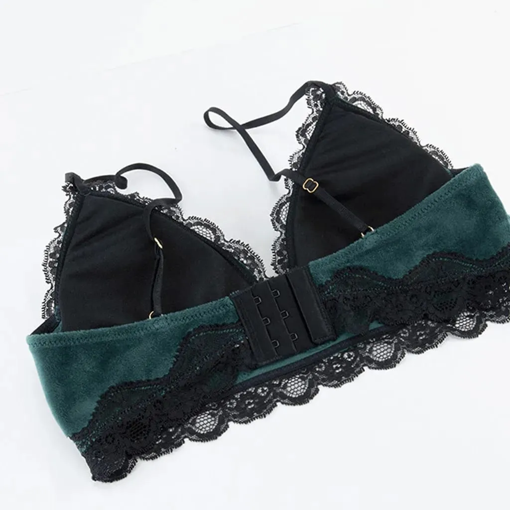 Solid Comfy Velvet Lingeries For Women Floral Lace Gathered Bras And Thong Set 2pcs Seductive Lingerie Sexy Sleepwear Pajama Set
