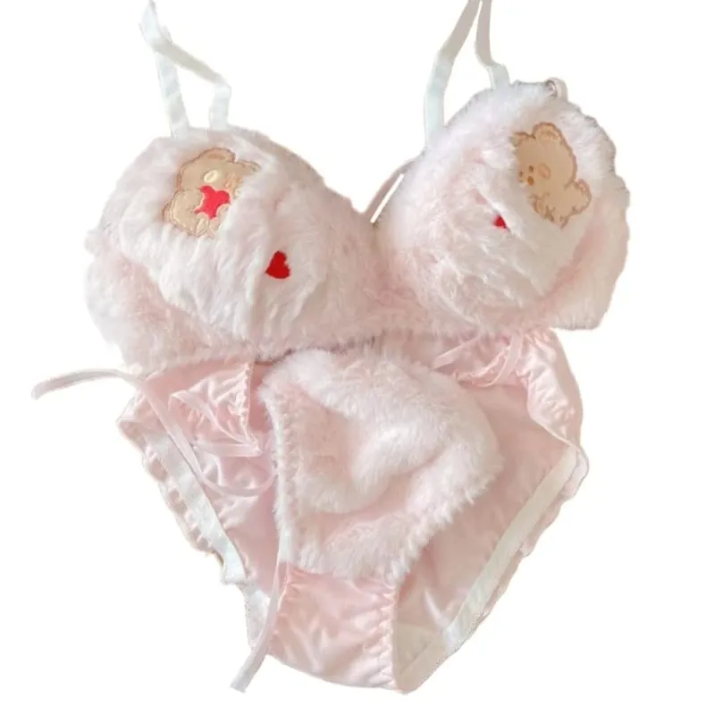 Lingerie invernale da donna con motivo panda a cartoni animati, reggiseno e mutandine in peluche peloso, biancheria intima per cosplay di anime giapponesi, scolaretta