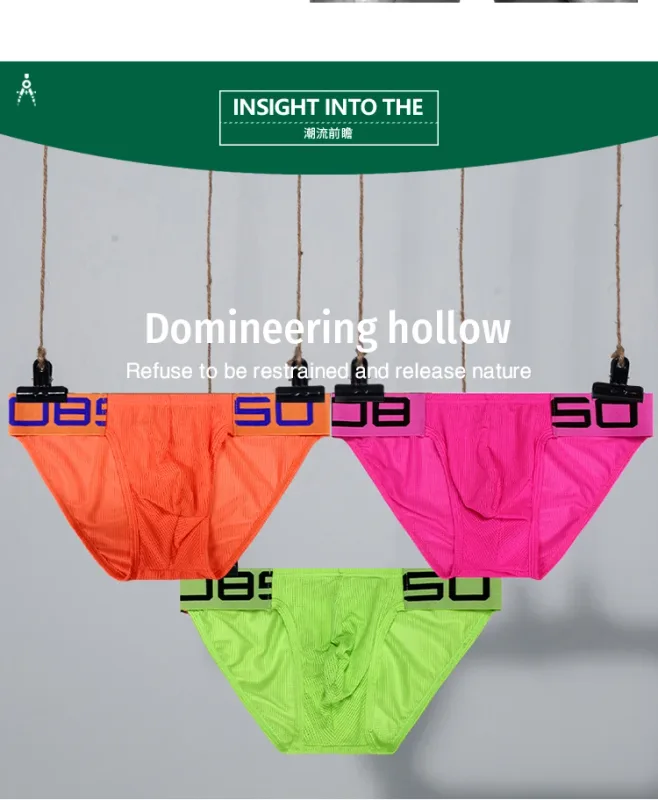 Herren-Slip aus Nylon-Mischgewebe, atmungsaktiv, Horn, Spleiß, Buchstabenprägung, breiter elastischer Bund, fluoreszierende Farbe, sexy Unterwäsche