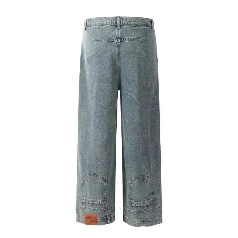 Autumn Men's High Street Fashion Baggy Jeans Reverse Pocket Design Straight Wide Leg Denim Trousers Solid Color Y2K Vintage Jean