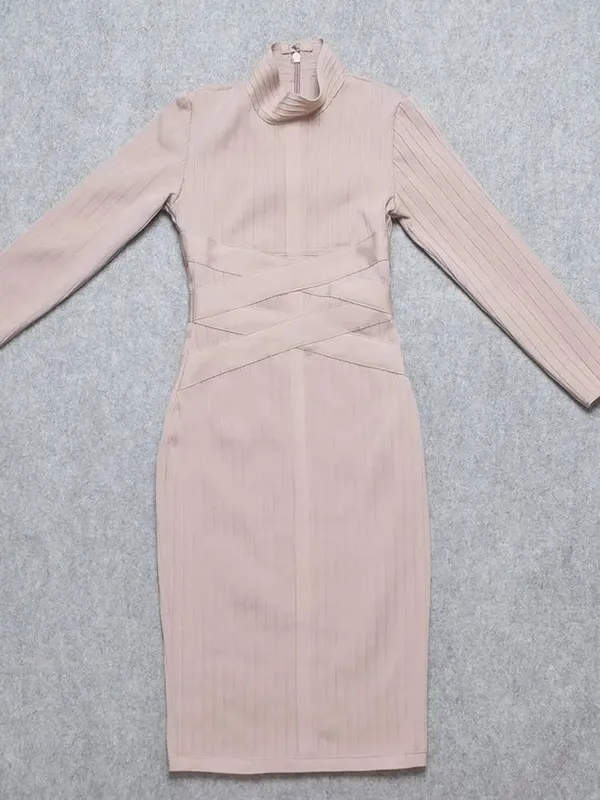 Sexy Red Bandage Dress 2023 Nude Turtleneck Long Sleeves Office Bodycon Dress Cross Criss Women Midi Vestidos Maxi XL
