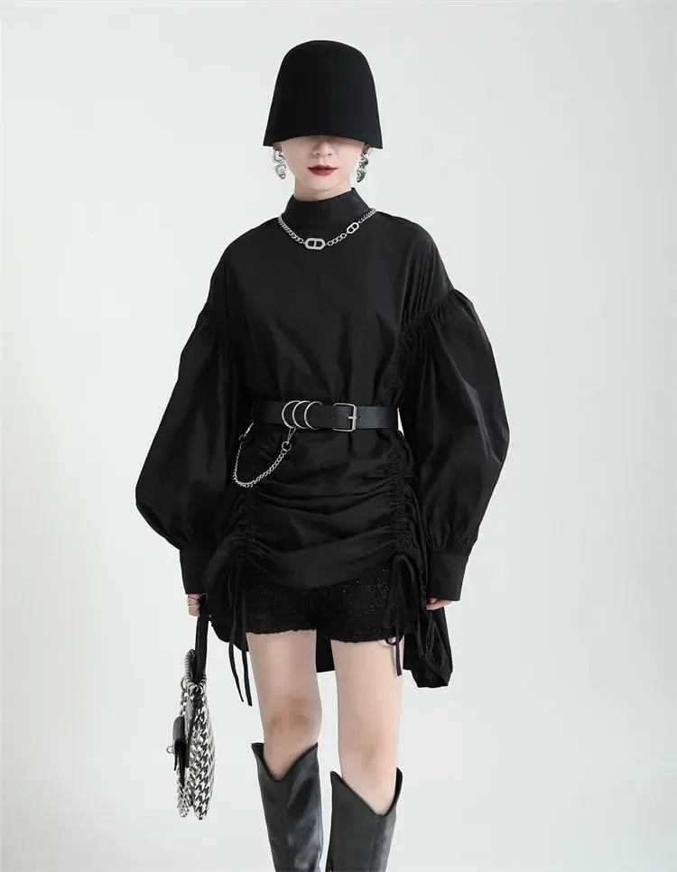 2025 Women Irregular Drawstring Big Size White Blouse New Stand Collar Long Sleeve Shirt Fashion Tide Spring Autumn — image 4