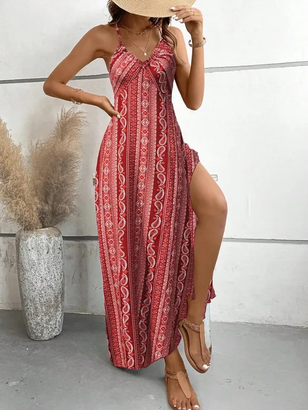 Women's Summer Ethnic Pattern Backless Split Thigh Dress Ladies Summer Clothes Boho Fashion Frill Trim Long Dress for Beach — image 10
