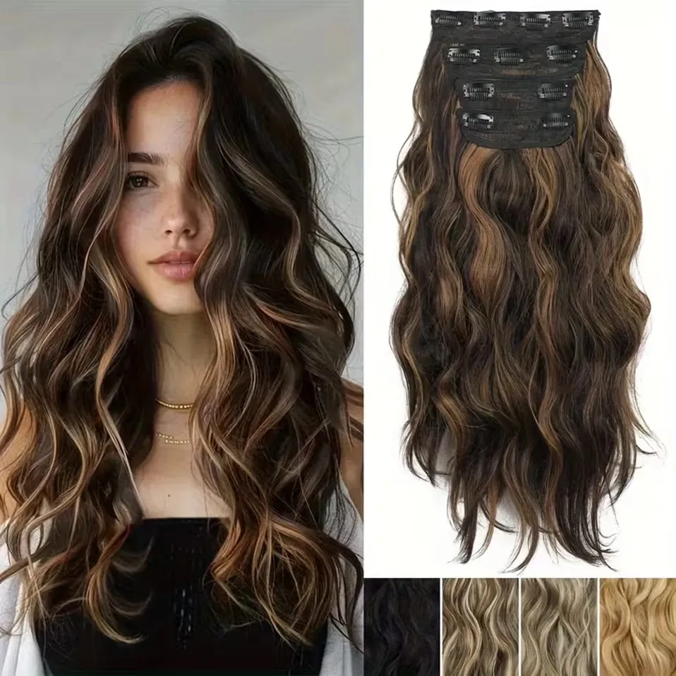 4 Pieces Set Clip In Hair Extensions Highlight Wavy Curly Long Synthetic Hairpieces For Women 22 Inch 180g Hair Clips Hair — image 1