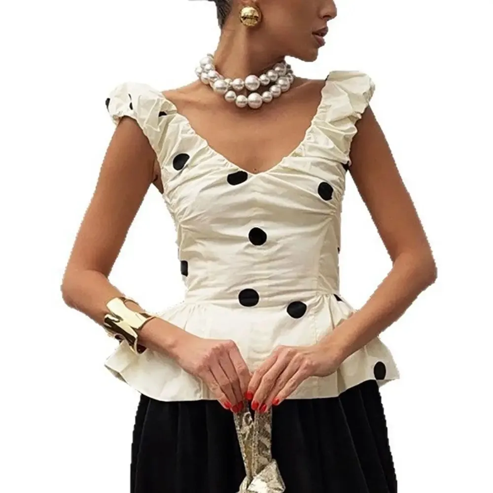 Slim Deep V Neck Polka Dot Tank Top Off-shoulder Ruffled Sleeveless Silk Vest Backless Lace Camis Female — image 3