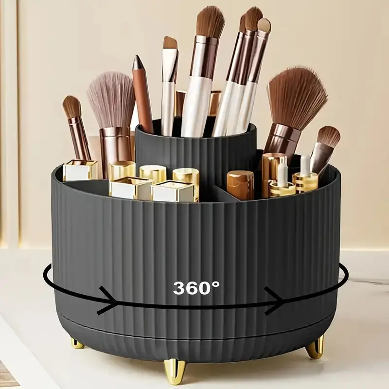 Makeup Brush Holder Organizer 5 Slot 360° Rotating Makeup Brushes Desktop Storage Organizers for Vanity Desktop Bathroom Office — image 1