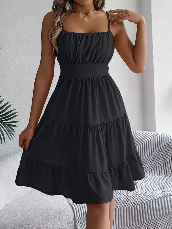 Casual Vacation Ruffled Camisole Dress Spring Summer Women's Solid Dresses for 2026 Valentine's Day Woman Clothing Pink Blue