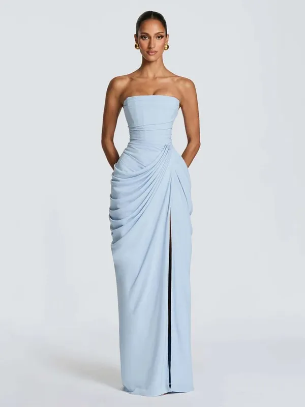 Solid Pleated Strapless Women's Dress Backless Off-shoulder High Waist Split Female Dresses 2026 Sexy Summer Evening Party Gown