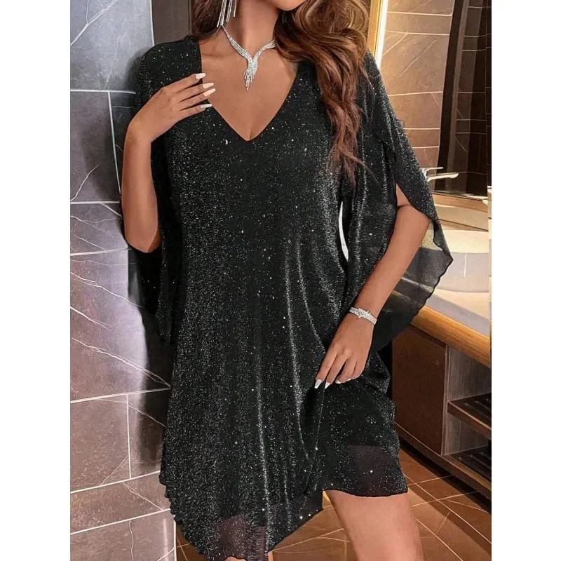 Bright Sequin Dresses Women V-neck See Through Chiffon Patchwork Irregular Half Sleeves Loose Mini Dress Female Vestidos 2024 — image 8