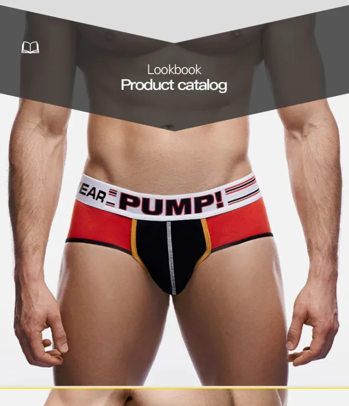 Men's Cotton Color Block Briefs, Pump! Logo Wide Waistband Low Rise Sexy 3D Convex Pouch Underwear