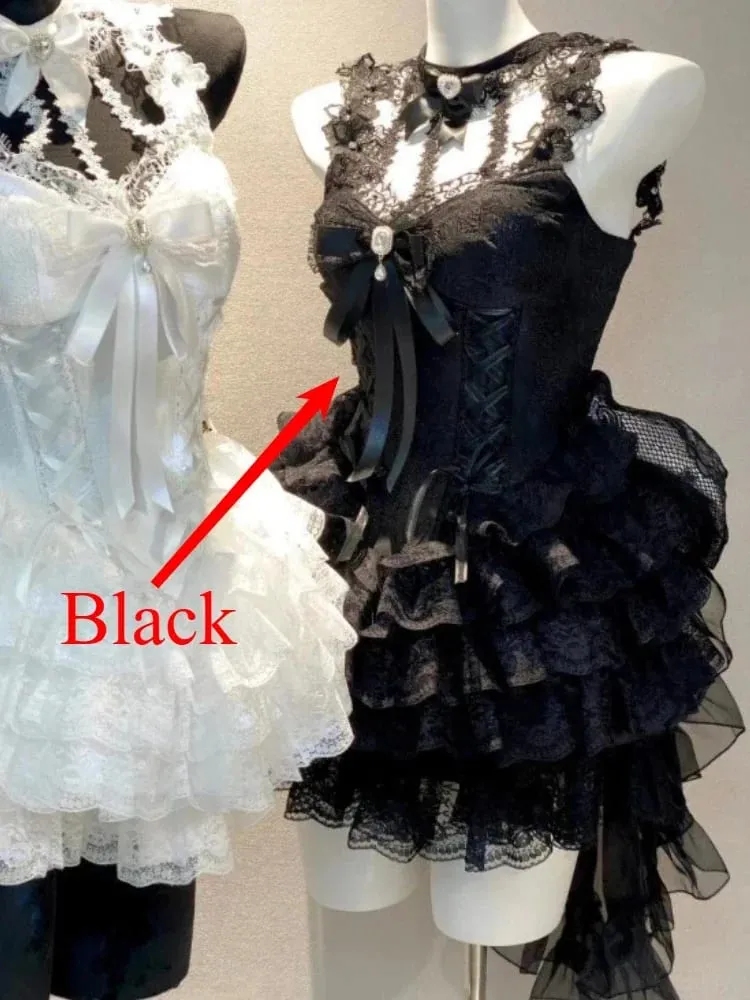 Japanese E-girl Gothic Vintage Dress Women Half High Neck Short Sleeve Bow Lace Mini Dress Cinch Waist Sweet Spicy Black Dress — image 3