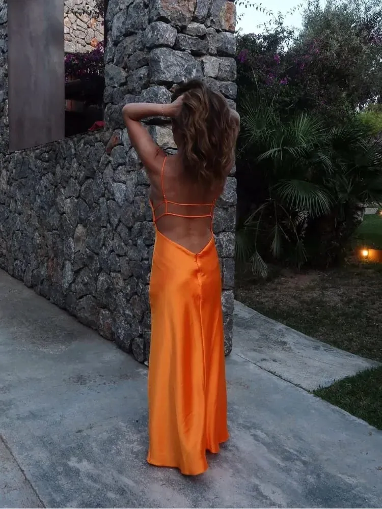 Frauen Orange Satin Sling Langes Kleid Fashion Solid Backless Ärmel V-ausschnitt Plissee Kleider 2026 Dame Abend Party Roben Sommer