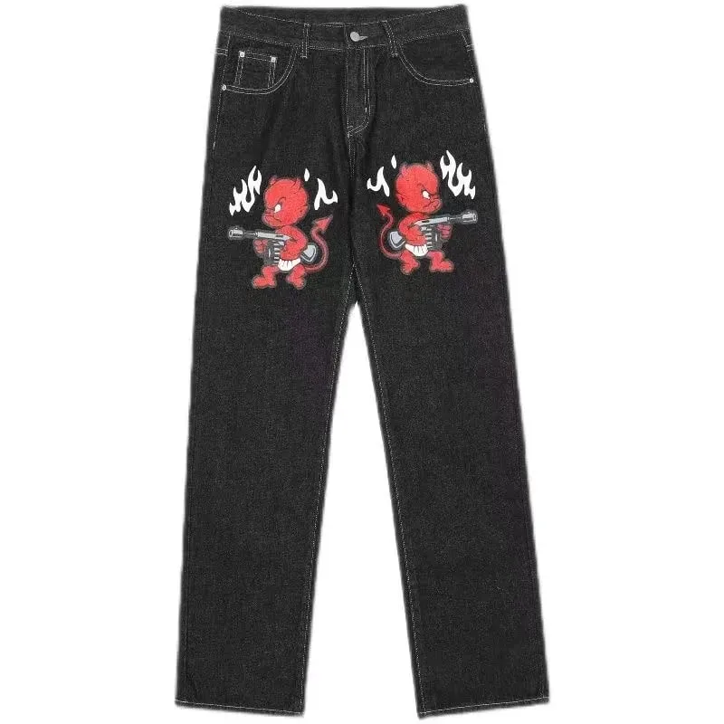 Y2K Baggy Tactical Jeans Men Punk Bullet Chain Print Washed Jean Retro High Street Jeans Hip Hop Men Casual Wide Leg Denim Pants