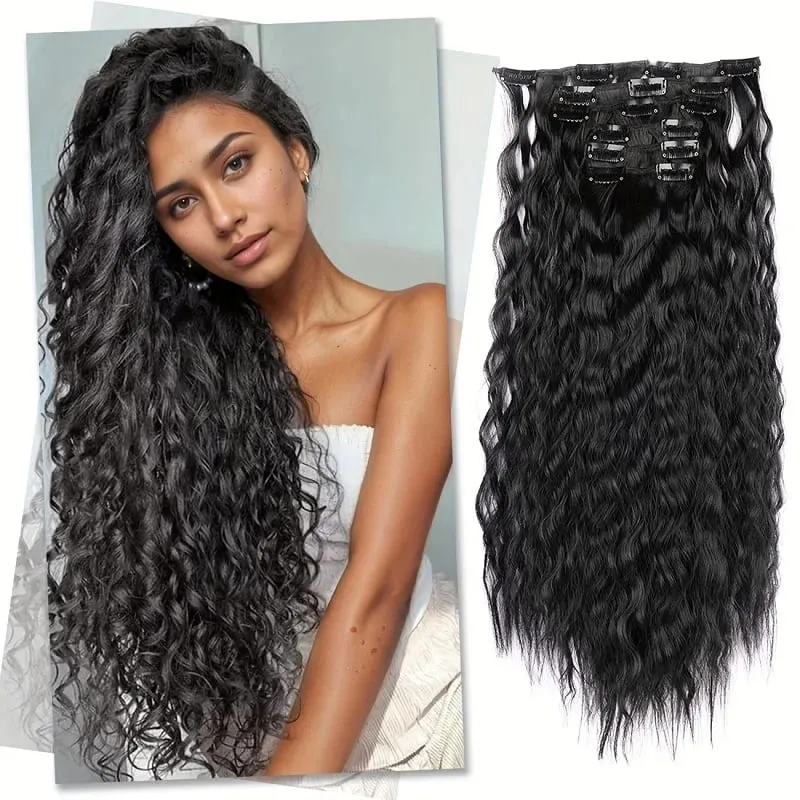 22Inch Synthetic Long Kinky Curly Hair Extension 6pcs/set Clip in Fluffy Hairpiece for Women Daily Use