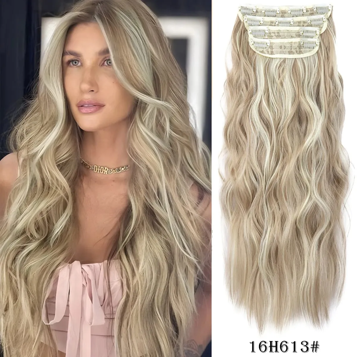Leeons Wavy Clip In Hair Extensions 4 PCS Natural Soft Long Wavy Hairpieces Thick Double Weft Clip In Hair Extensions For Woman
