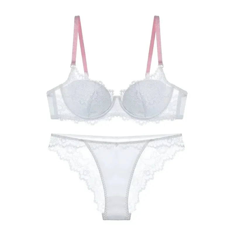 Sexy Lace Bralette & Panty Set with Push Up Steel Ring Large Size Thin Lingerie for Women