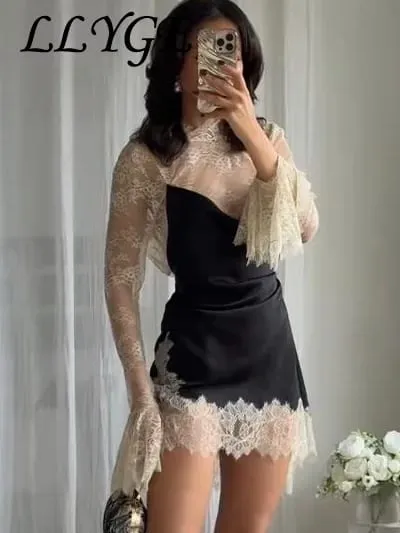 Elegant Lace Patchwork Short Dress Women See Through High Collar Flare Sleeve Party Dresses 2025 Autumn Lady Evening Robes