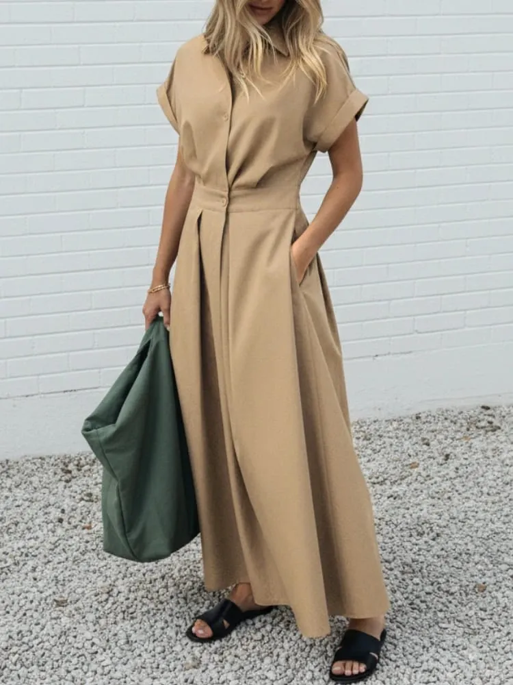 Elegant Chic Women Long Dresses Casual Short Sleeve Collared High Waisted Casual & Day Shirt Dress Solid Color S-3XL