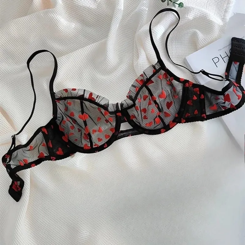 Women Heart Pattern Lace Underwire Bra Set Light Mesh Support Daily Intimates Lingerie Underwear Size 32‑38AB Women