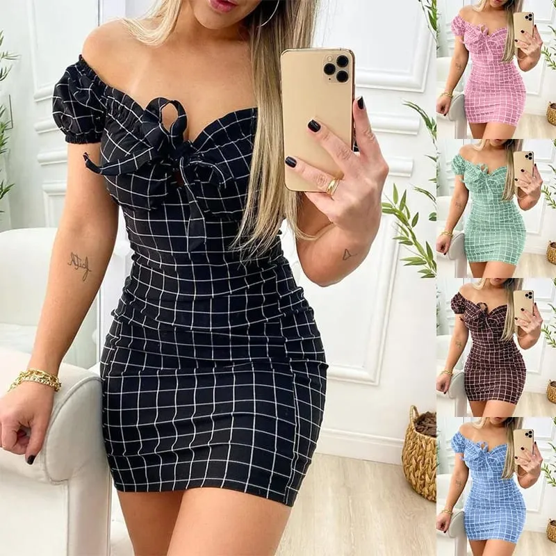 Summer dress sexy package buttocks maikling palda ng cross border grid print dress