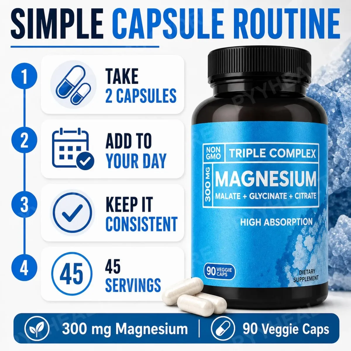 Triple Magnesium Complex 300mg Malate Glycinate Citrate High Absorption Daily Mineral Supplement Vegan Non GMO 90 Veggie Caps