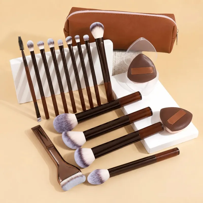 17Pcs Makeup Brush Set With Bag & 2Pcs Puff Foundation Powder Blush Eyeshadow Eyebrow Lip Brushes Travel Beauty Tools Gift