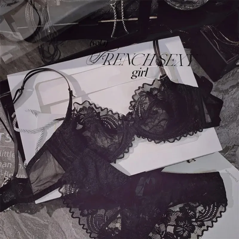 Minimal French Thin Perspective Lace Lingerie Set Underwire Beauty Back Malaking Bust Minimizer Side Shaping Anti Sagging Bra Set