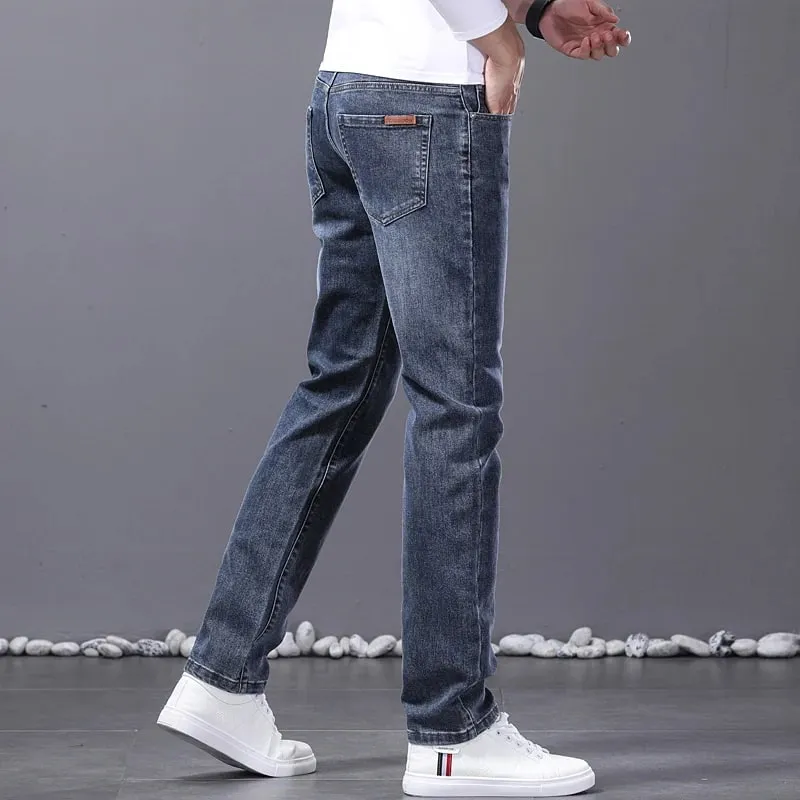 Spring New Men's Straight Jeans Comfortable Elastic Casual Business Work Trousers Retro Blue Fashion Fit Washed Denim Pants — image 7
