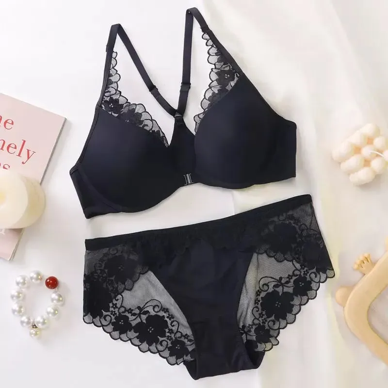 Bezešvá přední přezka Halter Podprsenka Měkká Kostice Tenká Letní Push Up Malé Zmenšení poprsí Velký hrudník Sexy spodní prádlo se zády 32-38 Set