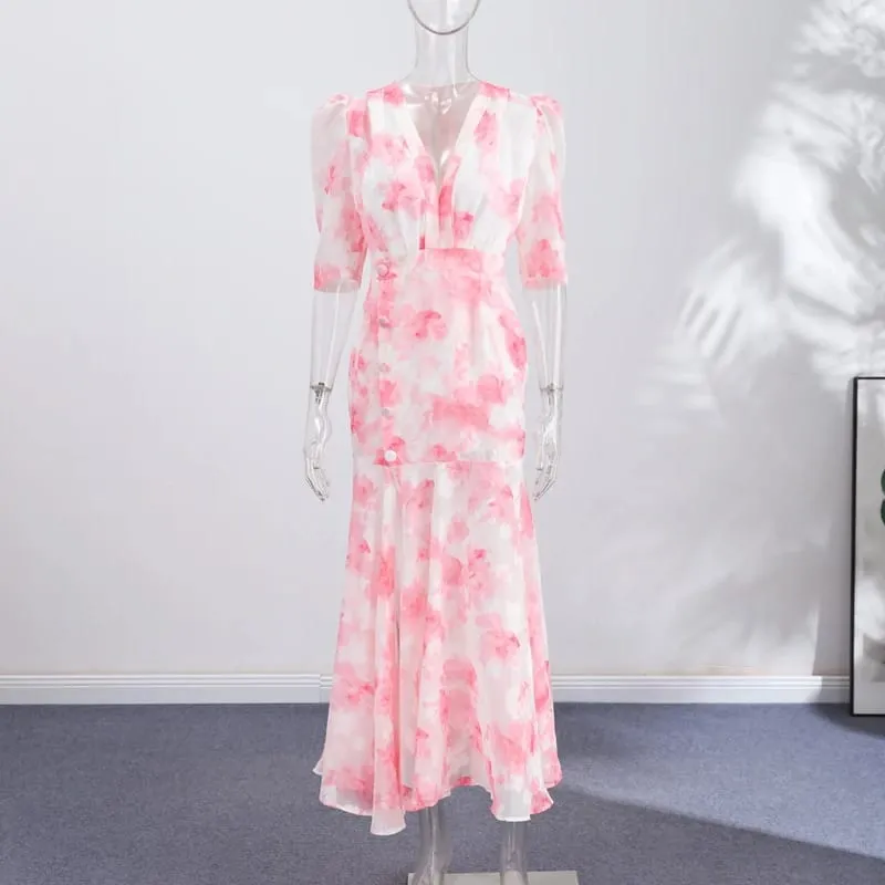 Gaun Panjang Kerah V Motif Wanita Gaun Maxi Slim Fit Pinggang Tinggi Tepi Daun Teratai Lengan Menyala Gaun Pesta Malam Elegan Wanita