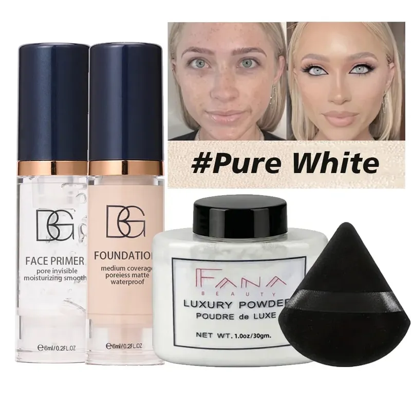 4-Pcs Set Face Makeup Bundle - Smoothing Primer Matte Foundation Setting Powder with Puff - Long-Lasting Waterproof Value Pack