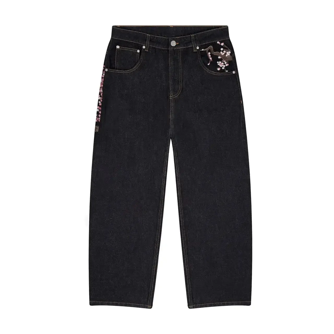 Harajuku Patchwork Cherry Blossom Embroidery Denim Pants Y2k Vintage Women Baggy Straight Wide Leg Jeans Street Men Clothes