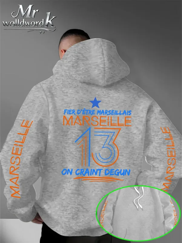 Мужская толстовка с капюшоном Marseille 13 City с несколькими принтами на рукавах и буквами сзади, осенне-зимняя флисовая свободная толстовка с капюшоном