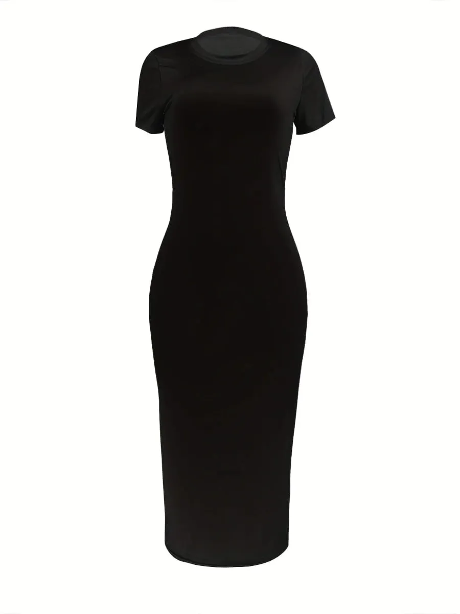 Women's summer casual fashion slim fit sexy solid color round neck short sleeved Long Dress Black Plus Size XS-5XL