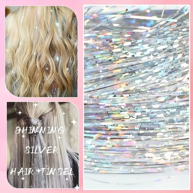 90cm Syntetisk 3st/set Regnbågsfärgat glänsande hår Laser Tinsel Långt rakt Värmebeständigt Fairy Hair Extension Party Dagligen